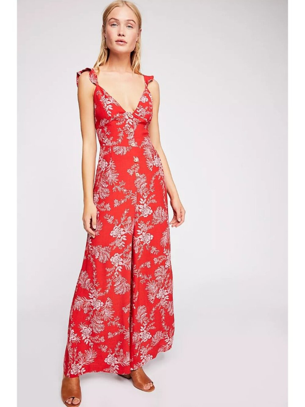 Free People Be The One Jumpsuit Size 2 Floral Sleeveless Wide Leg Red Boho Chic